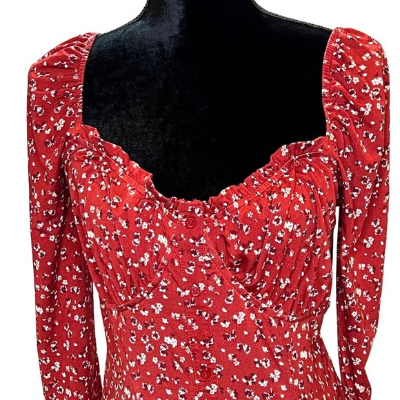 Trixxi Womens Dress Large Red Floral Ruched V Neck 3/4 Sleeve Summer Dressy - Picture 3 of 12